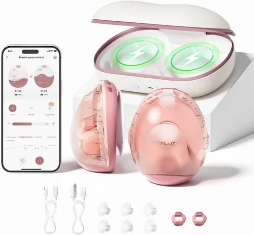 Momcozy Air 1 - Bomba extractora de leche ultradelgada, sacaleche portátil manos libres con estuche de carga inalámbrica y control por aplicación