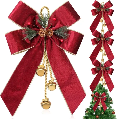 Miniatura 12 de Yinkin Corona de Árbol de Navidad Lazo Lazos de Cinta de Navidad con Campanas 11 x 7.8 pulgadas Terciopelo Cono de Pino Lazo Adornos Colgantes