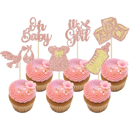 Miniatura 21 de Gyufise 24 piezas de adornos azules para cupcakes para bebé, con purpurina azul, estrellas, luna, dulce baby shower, niño, cupcakes para baby