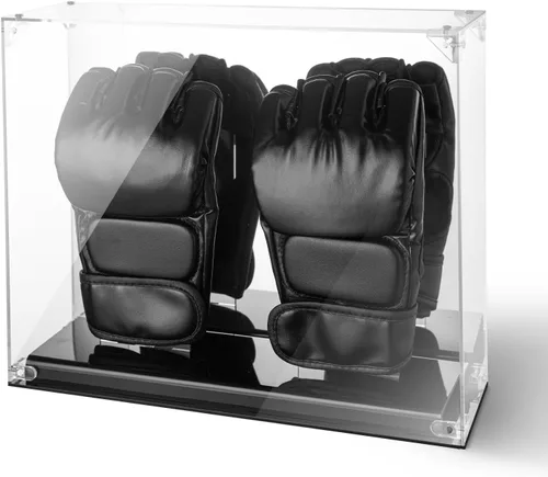 Vitrina de guantes de MMA con parte trasera de espejo, 2 soportes para guantes, guante de boxeo acrílico de kickboxing de medio dedo con soporte