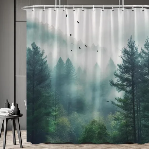 Misty Forest - Cortina de ducha escénica de naturaleza con árboles verdes, bosques brumosos, cortinas de baño, pájaros, primavera, verano,