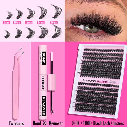 Miniatura 6 de Kit de extensión de pestañas DIY Focipeysa, racimos de pestañas rizadas D, kit de pestañas individuales con pegamento para pestañas y sello