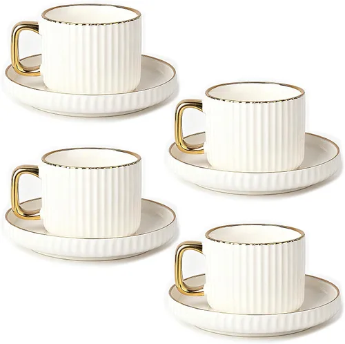 Miniatura 8 de Juego de 4 tazas de té de cerámica, tazas de café y platillos (azul y rojo)