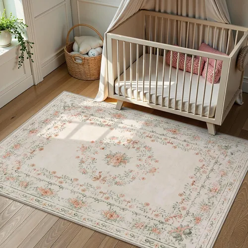 Miniatura 3 de Wonnitar Alfombra lavable con lazo floral de 5 x 7 pies, ultrafina, color beige, para dormitorio, alfombra bohemia que no se desprende, neutra
