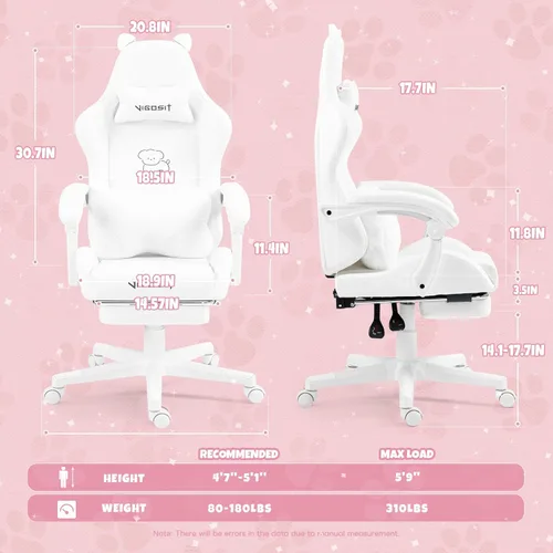 Miniatura 2 de Vigosit Silla de juegos para perros blancos con reposapiés, ergonómica y bonita silla de jugador para niñas y mujeres, cómoda silla de computadora