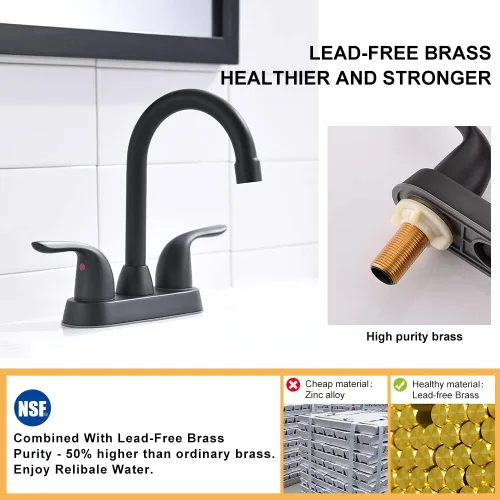 Miniatura 5 de Grifo de baño negro mate de dos asas, boquilla giratoria con montaje de drenaje emergente, arco alto, con mangueras de suministro de agua, fácil