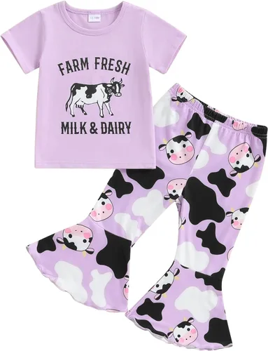 Miniatura 71 de fhutpw Conjunto de camiseta de manga corta con estampado de vaca y pantalones acampanados de dibujos animados para niñas