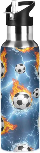 Soccer Balls Water Flames Insulated Water Bottle 32 Oz, BPA-Free Sport Water Bottle Insulated Leakproof Water Bottles