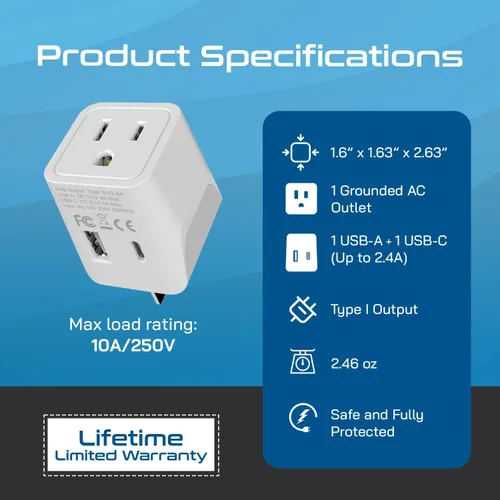 Miniatura 4 de Ceptics Adaptador de viaje para Australia, Nueva Zelanda y China, entrada USB dual, ultracompacto, de Estados Unidos a tipo I, perfecto para Blanco