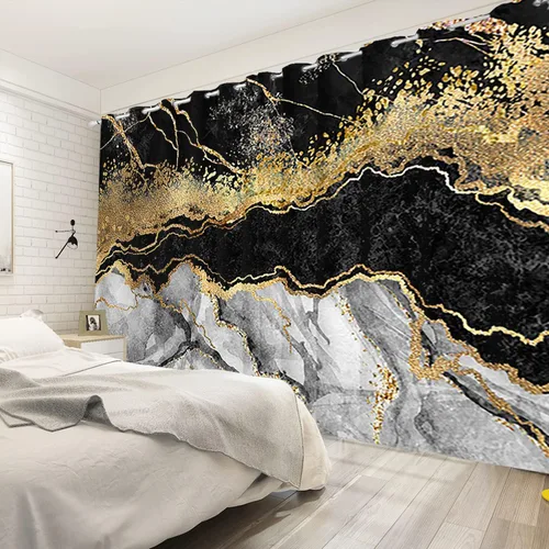 Miniatura 3 de Cortinas opacas de mármol negro y gris para hombre joven, estilo gótico, decoración de sala de estar, cortinas abstractas de rayas doradas, juego