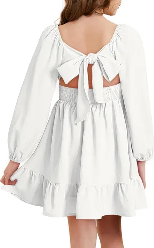 Miniatura 3 de blibean - Vestido de manga larga con lazo en la espalda para niñas y preadolescentes, vestido de otoño con hombros descubiertos, tallas para 6-15