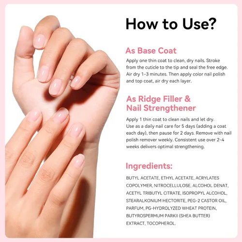 Miniatura 7 de Nail Ridge Filler - Capa base para fortalecer las uñas, relleno de cresta para uñas irregulares dañadas, fórmula de proteína VE, base lisa