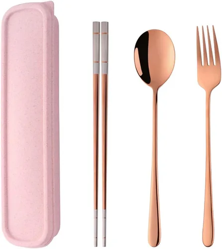 Miniatura 8 de Cubiertos de viaje portátiles, 3 piezas, cuchara, tenedor, palillos, acero inoxidable 18/10, con estuche y bolsa para la escuela, el trabajo