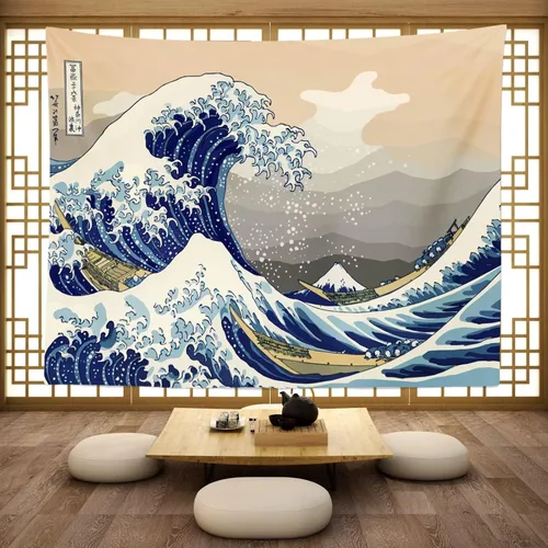 Miniatura 9 de CORFOTO Tapiz retro de 60 x 40 pulgadas, prefectura japonesa de Kanagawa, tapiz de ondas japonesas antiguas, tapices de estilo japonés