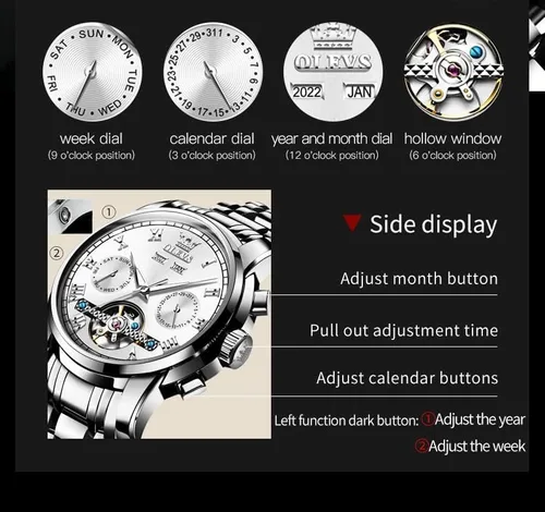 Miniatura 3 de OLEVS Reloj automático para hombre, cuerda automática, mecánica, de lujo, de acero inoxidable, multicalendario, impermeable, luminoso, reloj
