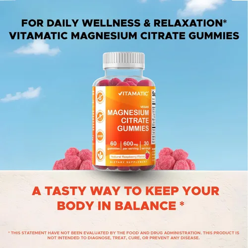 Miniatura 6 de Vitamatic Gomitas de magnesio 600 mg por porción – 60 gomitas veganas – Soporte para relajación, músculos, huesos y energía – Paquete de 3