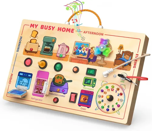 Miniatura 6 de flycoost - Tablero de actividades Montessori para niños pequeños, de madera con 17 luces LED, juguetes de viaje para niños de 1 a 3 años, con Juego