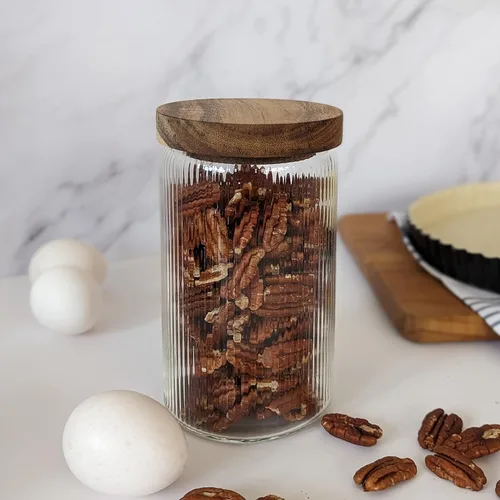 Miniatura 4 de Mason & Fable Tarro de vidrio acanalado, apilable y hermético, tapa de madera, recipiente de almacenamiento para galletas, golosinas, té o azúcar