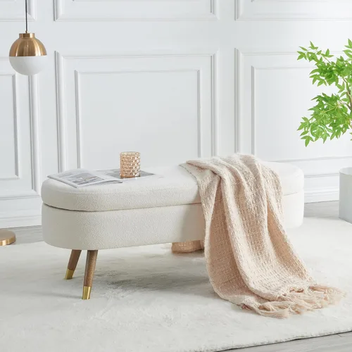 Miniatura 8 de IAFIKE Banco de almacenamiento ovalado de 43.5" Banco otomano tapizado de tela bouclé Banco reposapiés con patas de metal dorado, extremo de cama