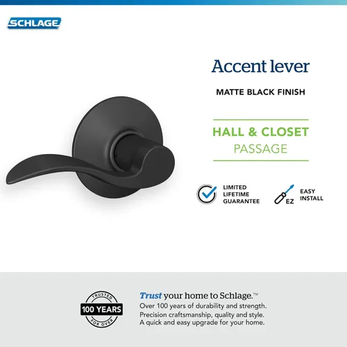 Miniatura 4 de Schlage F10 ACC 622 - Manija de puerta Accent, cerradura de paso para pasillo y armario, negro mate
