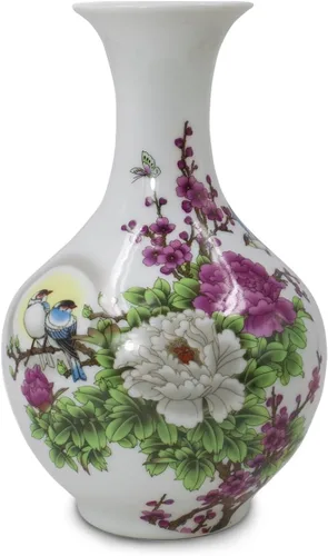 Dahlia Famille - Florero de rosa, hecho a mano, porcelana china, pájaros en peonía, forma de botella china de 8.5 pulgadas