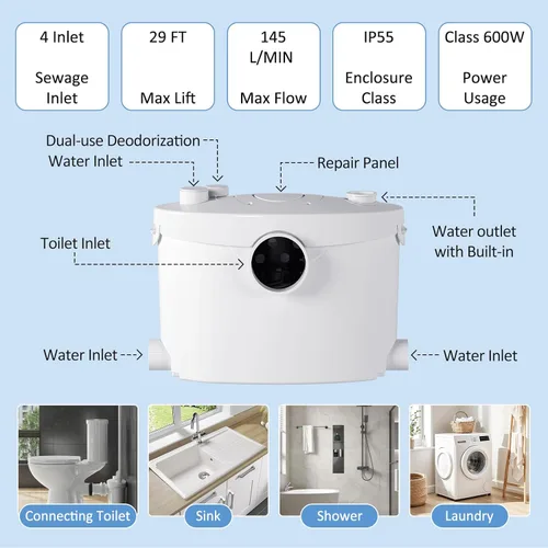 Miniatura 3 de Simple Project Inodoro de Descarga Ascendente para Sótano, Sistema de Inodoros Maceradores con Bomba Maceradora de 600W, Taza de Inodoro