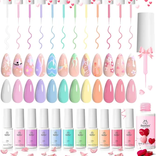 Beetles - Juego de esmalte de uñas en gel delineador pastel, 12 colores de primavera transparentes rosa nude azul morado blanco amarillo naranja,