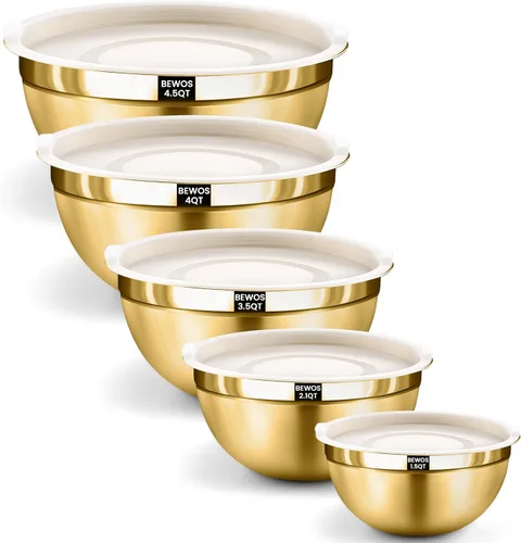BEWOS Juego de 5 cuencos para mezclar con tapas, 5 cuencos de acero inoxidable, aptos para lavavajillas, ideales para hornear y preparar comidas,