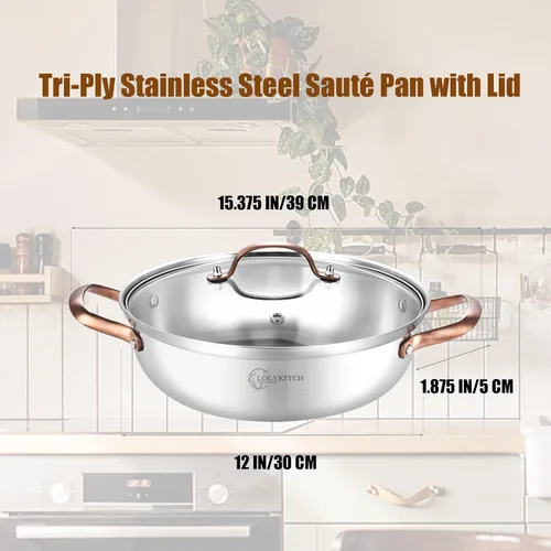 Miniatura 6 de LOLYKITCH Sartén para saltear de acero inoxidable de 3 capas de 11 pulgadas con tapa, 3.5 QT, sartén para uso diario, Kadhai, sartén de cocina por