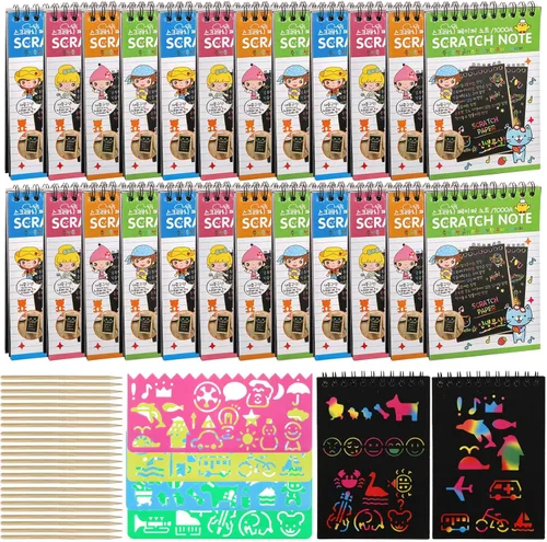 Suwimut Paquete de 24 cuadernos de papel para rascar para niños, cuadernos para colorear negros con 24 lápices ópticos de madera y 4 plantillas de