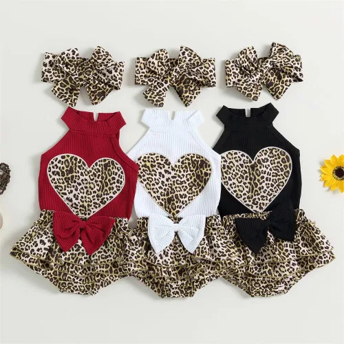 Miniatura 6 de Conjunto de 2 piezas para bebé recién nacida con estampado de leopardo, camiseta sin mangas con estampado de corazón+pantalones cortos tutú