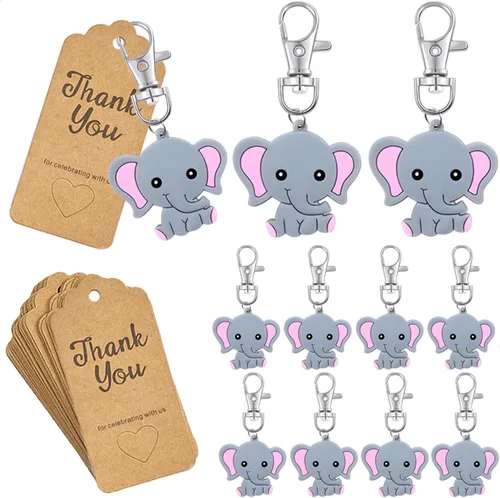 Paquete de 20 llaveros de elefante rosa para adultos + etiquetas Kraft de agradecimiento para fiesta temática de elefantes, suministros de fiesta de