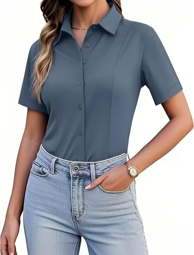 Miniatura 14 de Siliteelon Camisetas de Botón para Mujer, Ajustadas, de Manga Corta, Elásticas, Camisa de Vestir, Sin Arrugas, Sólida, Blusa de Trabajo