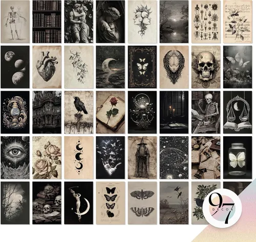 97 Decor Decoración Vintage de Academia Oscura para Dormitorio - 40 Piezas de Láminas de Arte de Pared Melancólicas, Decoración Gótica Oscura para
