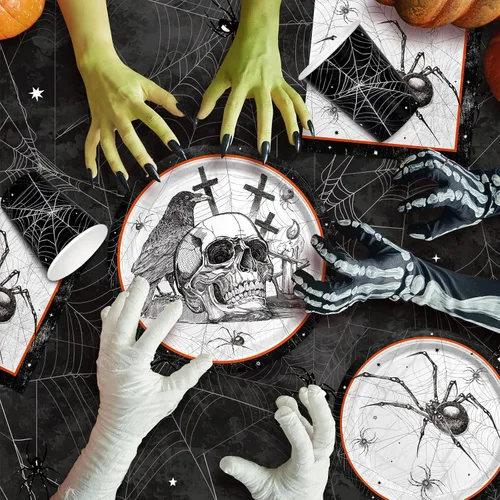 Miniatura 4 de Suministros de fiesta de Halloween con telas de araña: con temas de calavera y araña, platos de papel de tela malvada todo incluido, servilletas