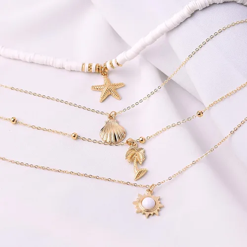 Miniatura 4 de Juego de collares en capas para mujeres y niñas, collares bohemios en capas doradas, collar con colgante de concha marina de festoneada, joyería
