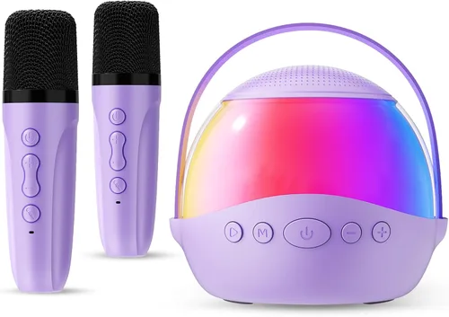Miniatura 14 de Máquina de karaoke para niños y adultos, mini altavoz Bluetooth portátil con 2 micrófonos inalámbricos, luces LED para TV, regalos para niñas y Azul