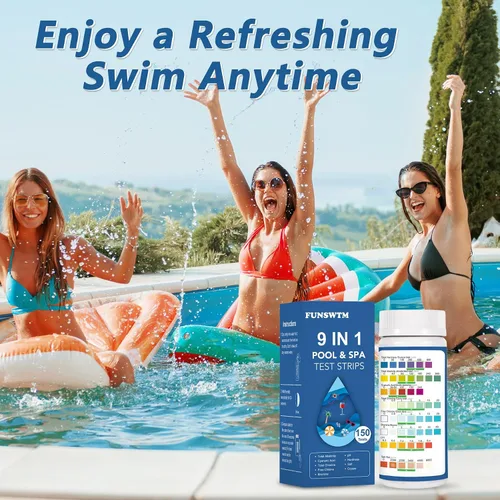 Miniatura 6 de Tiras de prueba de sal de piscina 9 en 1, 150 unidades para agua salada, kit de prueba de piscina para nivel de sal (0-6000 ppm), cobre, GH, pH