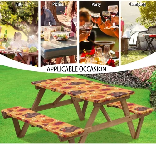 Miniatura 4 de Juego de 3 piezas de mantel de picnic con hojas de arce de pavo y girasol, lavable a máquina, fácil de instalar, funda para mesas y asientos Girasol