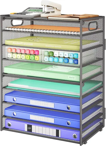 Miniatura 8 de SUBEKYU Organizador de papel de 9 niveles para escritorio, bandeja de cartas de malla de metal negro, organizador clasificador de papel de archivo