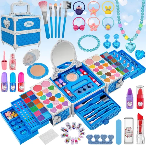 99 Pcs Kids Makeup Kit for Girls, Princess Toys Real Washable Cosmetics Set with Mirror,Rings, Necklace, Perfect for 3 4 5 6 7 8 Year Old Girls