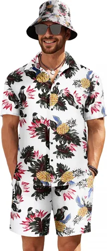 COOFANDY Conjunto de camisa hawaiana y pantalón corto para hombre, traje de playa de 2 piezas con sombreros de pescador