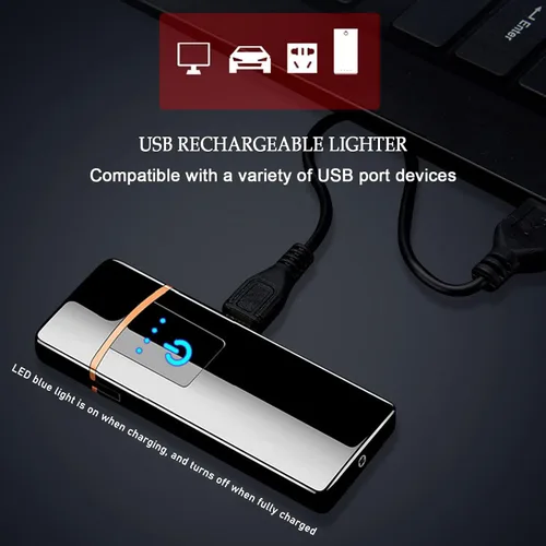 Miniatura 3 de Encendedor electrónico, resistente al viento, recargable por USB, de bobina delgada, con sensor de huellas dactilares inteligente, encendido de Negro
