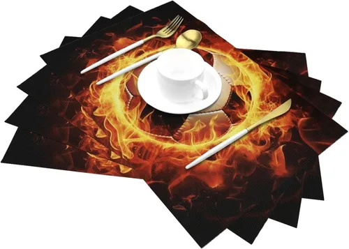 Miniatura 6 de 6 PCS PVC Placemats Set Place Mats Burning Football Non-Slip Weave Place Mats 12" x 18" Farmhouse Table Mat Set for Family Dinners Wedding Parties