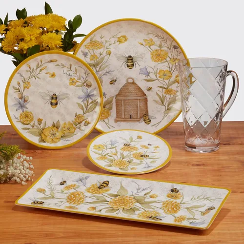Miniatura 4 de Bee Sweet - Platos de ensalada y postre de melamina de 9 pulgadas, juego de 6 platos duraderos inastillables con diseño floral y de abeja, sin BPA