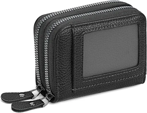 Miniatura 6 de RNIEGA Cartera pequeña de piel con bloqueo RFID para tarjetas de crédito, cartera pequeña para mujer, doble cremallera con ventana de identificación