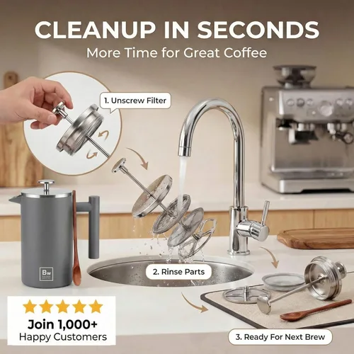 Miniatura 6 de Barista Warrior Prensa francesa con termómetro, prensa de café aislada, cafetera de acero inoxidable (1.0L, 34 onzas líquidas, gris)