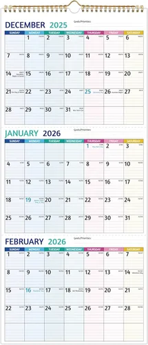 Calendario de Pared 2026 - Calendario de 3 Meses 2026 Vertical, Enero 2026 - Diciembre 2026, Calendario de Pared de 3 Meses 2026, 11 x 26 Pulgadas