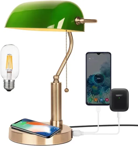 FIRVRE Lámpara de escritorio de cristal para banquero con cargador inalámbrico, 2 puertos de carga USB, lámpara de escritorio vintage con
