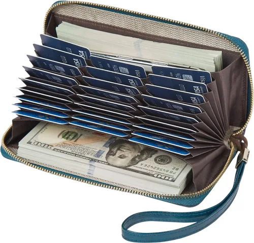 Miniatura 2 de FOXLOVER Carteras de cuero para mujer con bloqueo RFID pequeño y compacto tarjetero de crédito con bolsillo con cremallera Azul Classic
